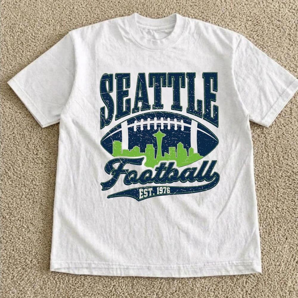 Seattle Football Skyline Distressed Retro White Graphic T-Shirt